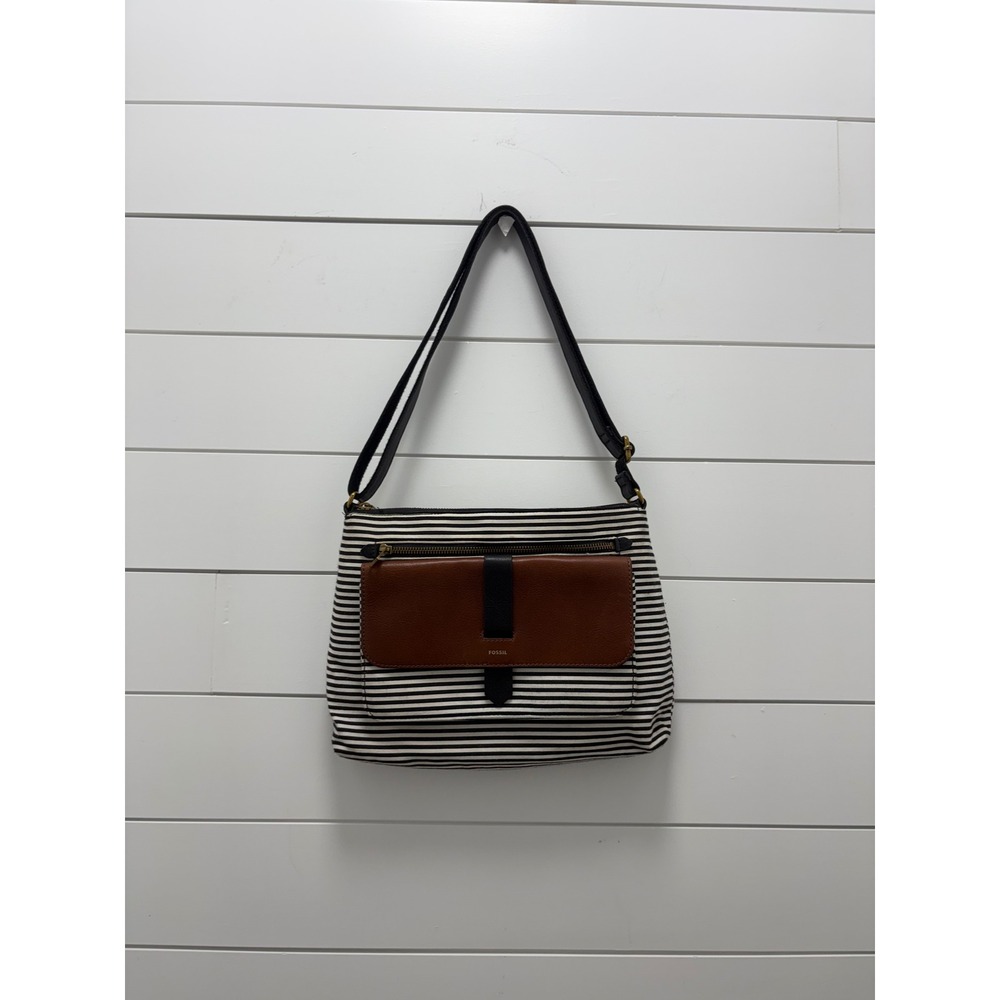 Fossil Bag-Black/White Striped Kinley Canvas Purse w/ Leather Trim-Strap Adjusts